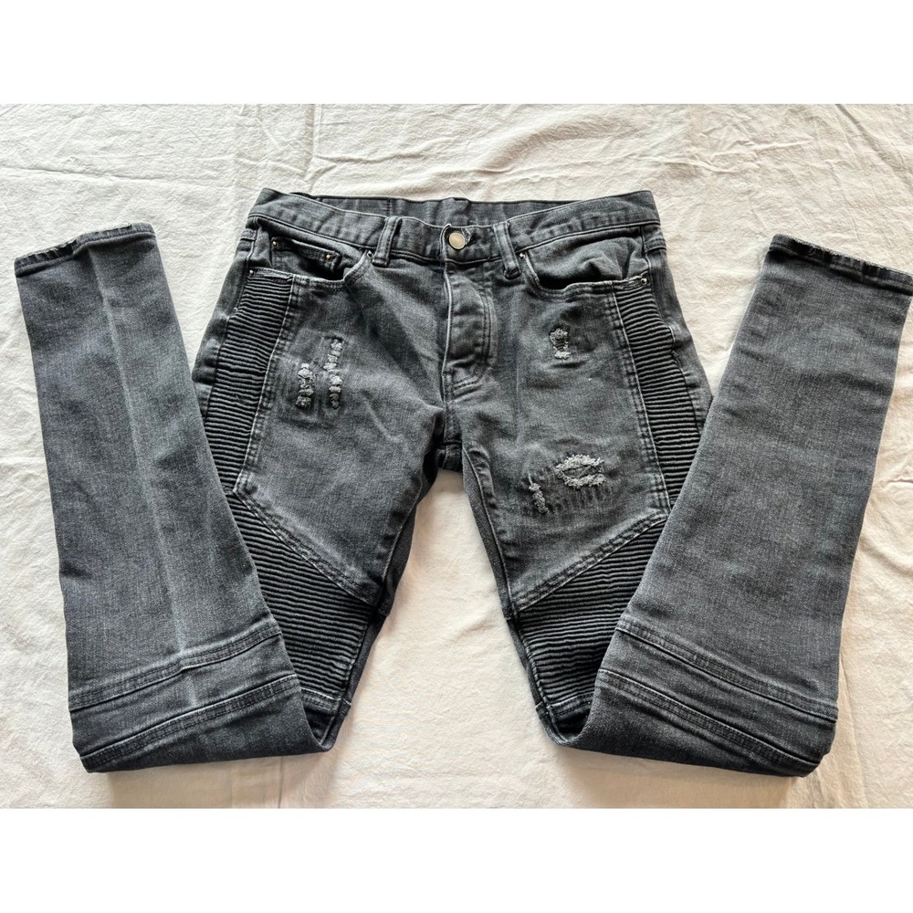 MNML M14 Biker Denim Jeans Washed Black Distressed Moto Slim Fit Mens 31